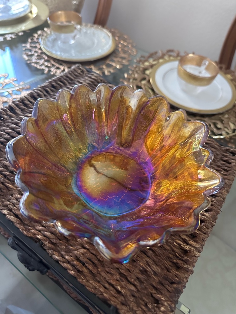 Vintage Iridescent Amber-Purple marigold, sunflower, carnival Glass Accent Bowl